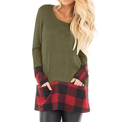 

Nomeni Womens Tops Plaid Splice Hem Round Neck Long Sleeve Cute Tunic Blouse