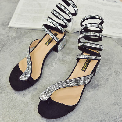 

Sandals women 2019 summer net red set toe with rhinestone snake winding Rome thick heel with high heels