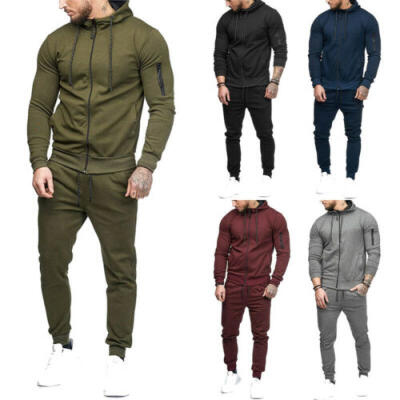 

Mens Tracksuit Set Hoodie Top & Bottoms Joggers Gym Plain Zip Prockets Suits