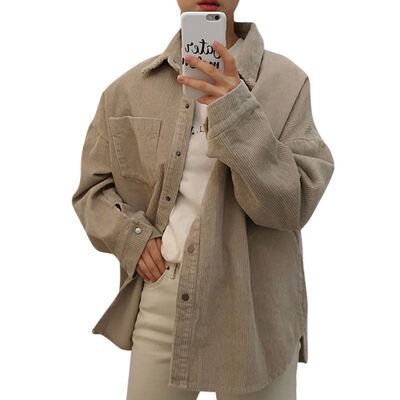 

Women Spring Autumn Lapel Long-Sleeved Solid Color Coat Loose Casual Pocket Corduroy Jacket