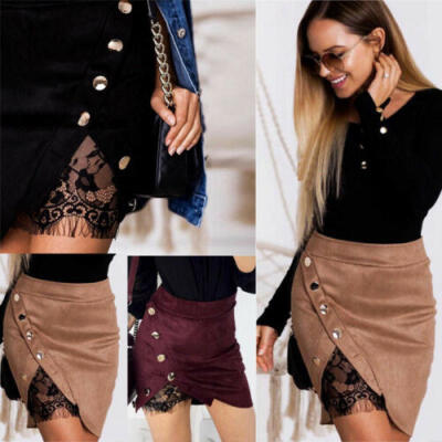 

SUNSIOM Women Short Bodycon Skirts Lace Up Suede Leather Pocket Preppy Mini dress