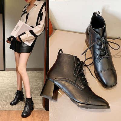 

The first layer of leather thick heel boots womens autumn&winter new leather tie work&lei