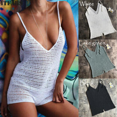 

Women Lace Jumpsuit Bodycon Bodysuit Leotard Top Romper Crochet Knitted Shirts