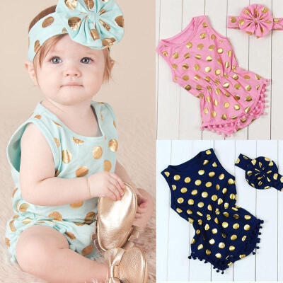 

Baby Girl Clothes Gold Dots Bodysuit Romper Jumpsuit Bow Head Band Outfits Set