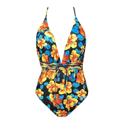 

Women Sexy Solid Color Slim Sling One-Piece Halter Bikini Gathered High Waist Swimsuit