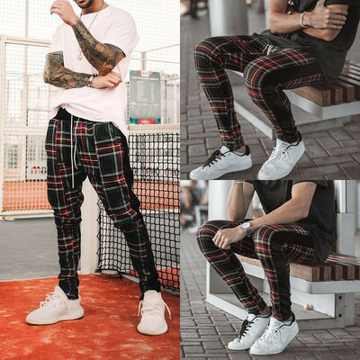 

Mens Gym Trousers Plaid Tracksuit Bottoms Skinny Joggers Sweat Track Pants