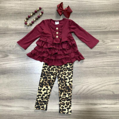 

Autumn Toddler Baby Girl Clothes Ruffle Tops DressLeopard Leggings Pants Outfit