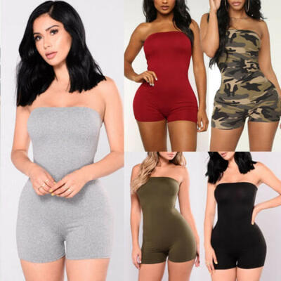 

Womens Strapless Tube Solid Color Basic Bodycon Short Jumpsuit Romper Catsuit