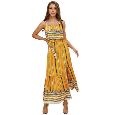 

Bohemia Printing Sling Swing Dress Women Bandage Backless Maxi Slit Dresses