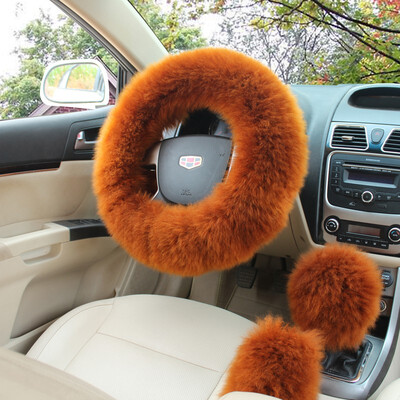 

Fashion 3Pcs Long Plush Fuzzy Steering Wheel Cover Light Camel Car Accessory