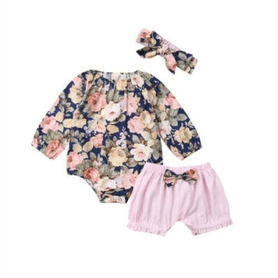 

US 0-24M Baby Girls Floral Romper Bowknot Shorts Outfit Clothes Set Headband