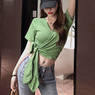 

Women Short Sleeve Sexy Backless Solid Top Fashion V-Neck Lace Up T Shirt