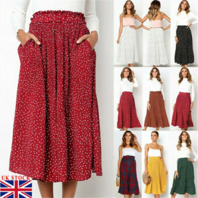 

UK Boho Womens High Waist Spotted Pocket Ruffle Dress Ladies Holiday Midi Skirt