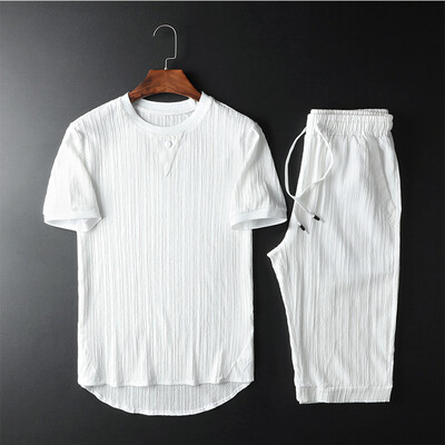 

Toponeto Summer Fashion Mens Cotton And Linen Short Sleeve Shorts Set Suit Tracksuit