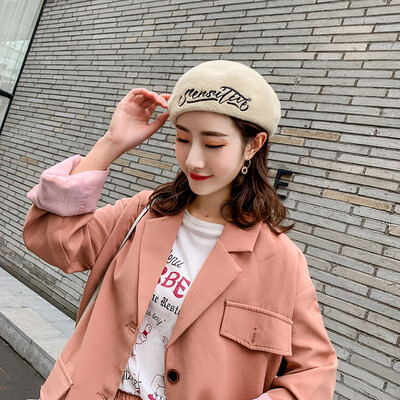 

Ms beret autumn&winter Korean embroidery Japanese British retro red bud hat plush painter hat wholesale