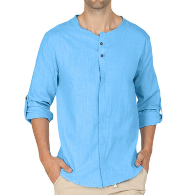 

Tailored Mens Fashion Baggy Cotton Blend Solid Color Long Sleeve Round Neck Shirts