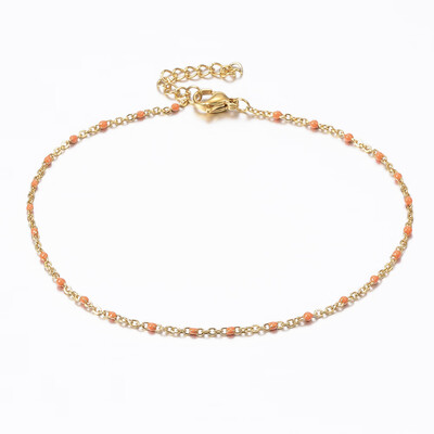

304 Stainless Steel Cable Chain Anklets with Enamel Links Golden Orange 9"230mm 15mm