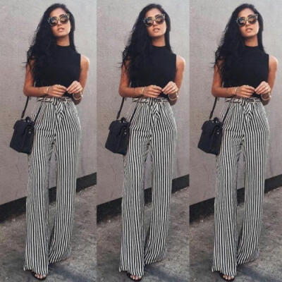 

2018 Newly Women Striped High Waist Wide Leg Casual Loose Long Pants Fashion