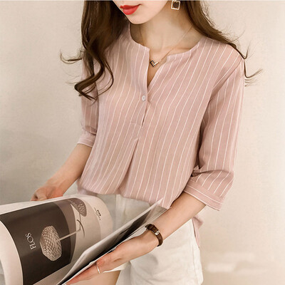 

Women Ladies V-Neck Buttons Casual Blouse Half Sleeve Striped Shirt Tops Plus
