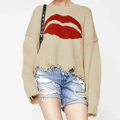 

〖Follure〗Womens Long Sleeve Lips Knitted Sweater Tops Oversized O-neck Femme Pullover Blouse