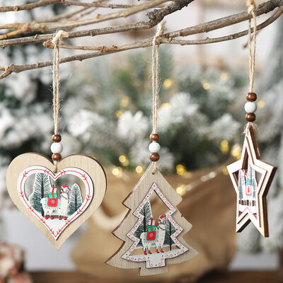 

3Pcs Christmas Wood Carving Tree Star Heart Alpaca Hanging Pendant Party Decor