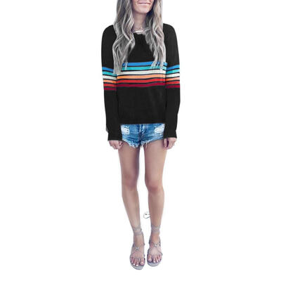 

Autumn Colorful Stripe Soft Basic T-shirt Women Long Sleeve Casual Tops