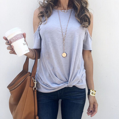 

Loose T-Shirt womens Round Neck Short Sleeve Solid Color Hem Knitting Design Top