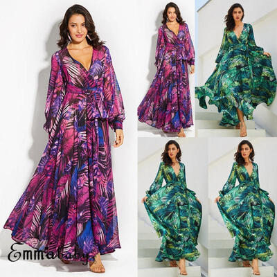 

2018 Womens Long Sleeve Dress Beach Vintage Maxi Loose V Neck Belt Lace Up Dress