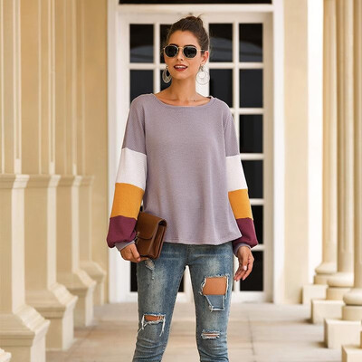 

Fashion Women Autumn Splicing Hoodie O Neck Long Lantern Sleeve Casual Winter Top Outerwear