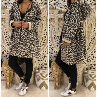 

Women Leopard Hooded Long Coat Loose Jacket Lady Autumn Cardigan Hoodies Outwear