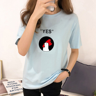 

New tshirt Womens Korean Style Round Neck tee shirt femme Cartoon Cock & Letters Print Short Sleeve T-Shirt