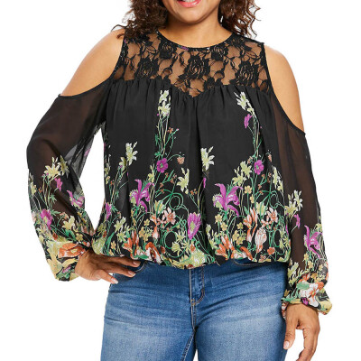 

Roseonmyhand Fashion Women Cold Shoulder Long Sleeve Plus Size Lace Floral Print Blouse Tops