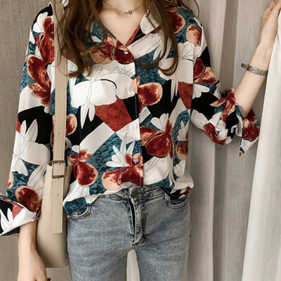 

Starmoon Fashion Women Top Chic Lapel Shirt Printing Long Sleeve Loose Blouse