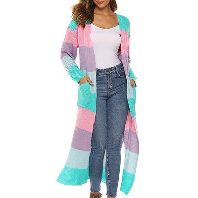 

Knit Long Loose Round Neck Rainbow Striped Cardigan Sweater Long Sleeve Cardigan