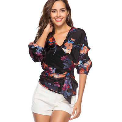

Women Blouse Floral Print Half Sleeve Bandage Tunic Fashion Slim Tops