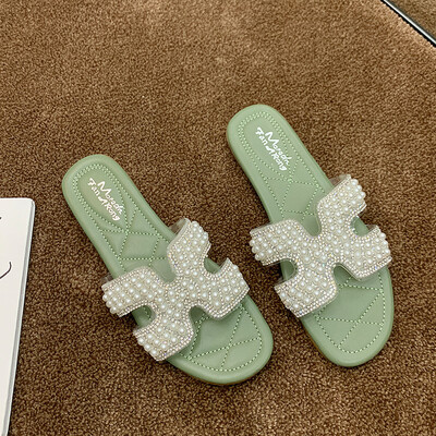 

Sandals&slippers wear 2019 new summer ins super hot Korean version of pearl water drill H drag network celebrity 100 word drag