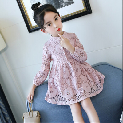 

Teen Kid Baby Girls Puff Long Sleeve Lace Tulle Hollow Out Pearl Princess Dress