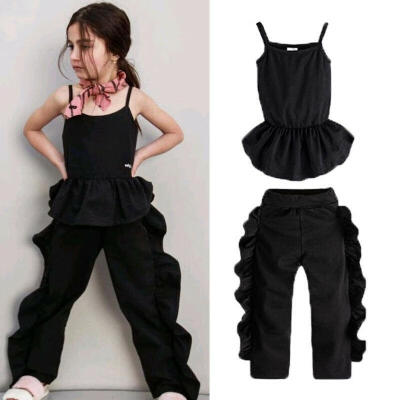 

1-6years Toddler Kid Baby Girls Strap Tops Vest Ruffles Pants Leggings Outfits Solid Black