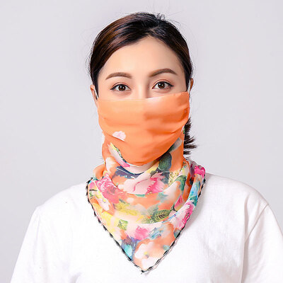 

19 summer sun protection neck chiffon mask female flowers antique elegant printing breathable mask square towel factory direct sales