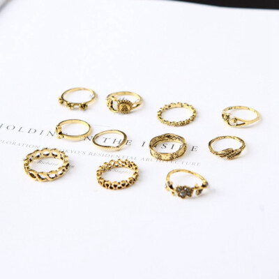 

Bohemia New Flower Alloy Leaves 11 Sets Of Rings Hollow Moon Sets Tail Ring Stainless Steel Rings For Women