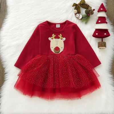 

US Toddler Kid Baby Girl Christmas Long Sleeve Cotton Lace Casual Dress Clothes