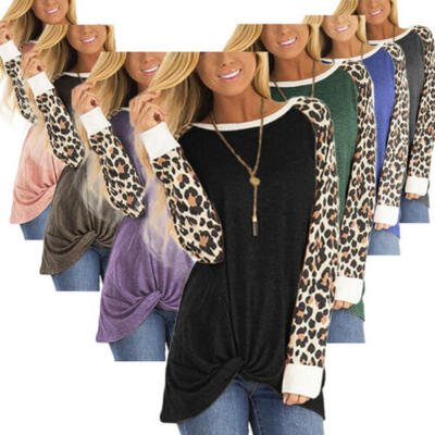 

US Women Leopard Print Long Sleeve Crew Neck Loose T Shirt Casual Blouse Tops
