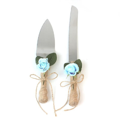 

Stainless Steel Wedding Cake Knife & Server Set Burlap Twine Handle with Artificial Flower Cake Cutlery for Wedding Anniversary Bi