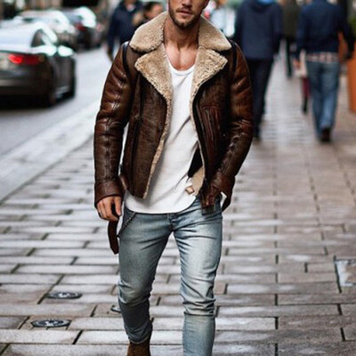 

Mens Solid Warm Outwear Coats Faux Leather Autumn Winter Lapel Overcoat Jackets