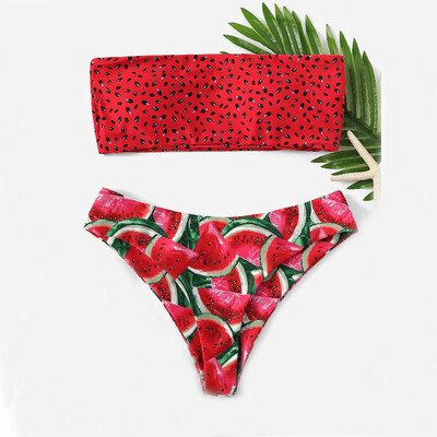 

Roseonmyhand Women Print Tube up Two Pieces Bikini Push-Up Swimsuit Swimwear Beachwear