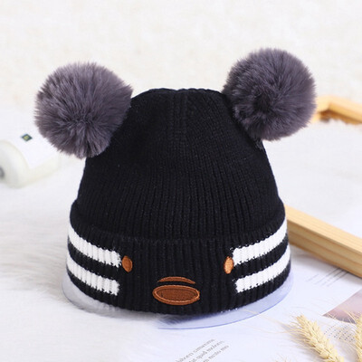 

Cute Bear Double Balls soft Baby Knitted Wool hat Thick head protector keep warm for boys&girls outdoor Autumn Winter hat