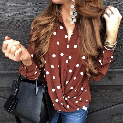 

2019 Autumn Women Fashion Dot Suit Button Lapel Long sleeve Shirt