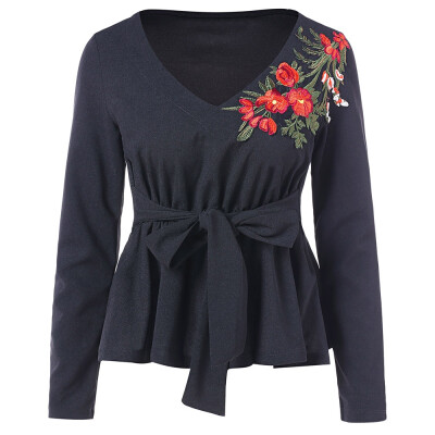 

Floral Embroidery Long Sleeve Peplum T-shirt