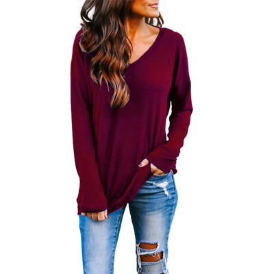 

Autumn Women T-shirt V-neck Backless Loose Solid Color Long Sleeve Tops