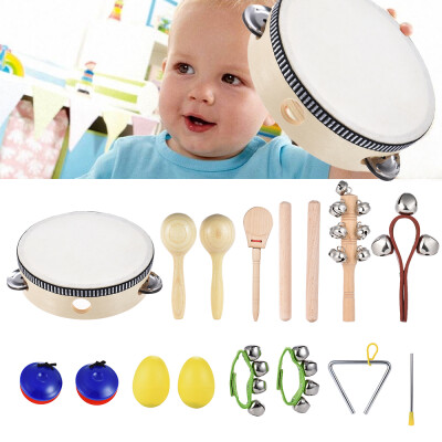 

10pcs Musical Instruments Percussion Toy Rhythm Band Set Including Tambourine Maracas Triangle Castanets Wrist Bell for Kids Child